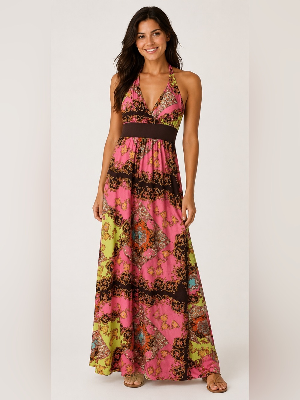 Christina Love Halter Maxi Dress-Brown/Pink/Yellow